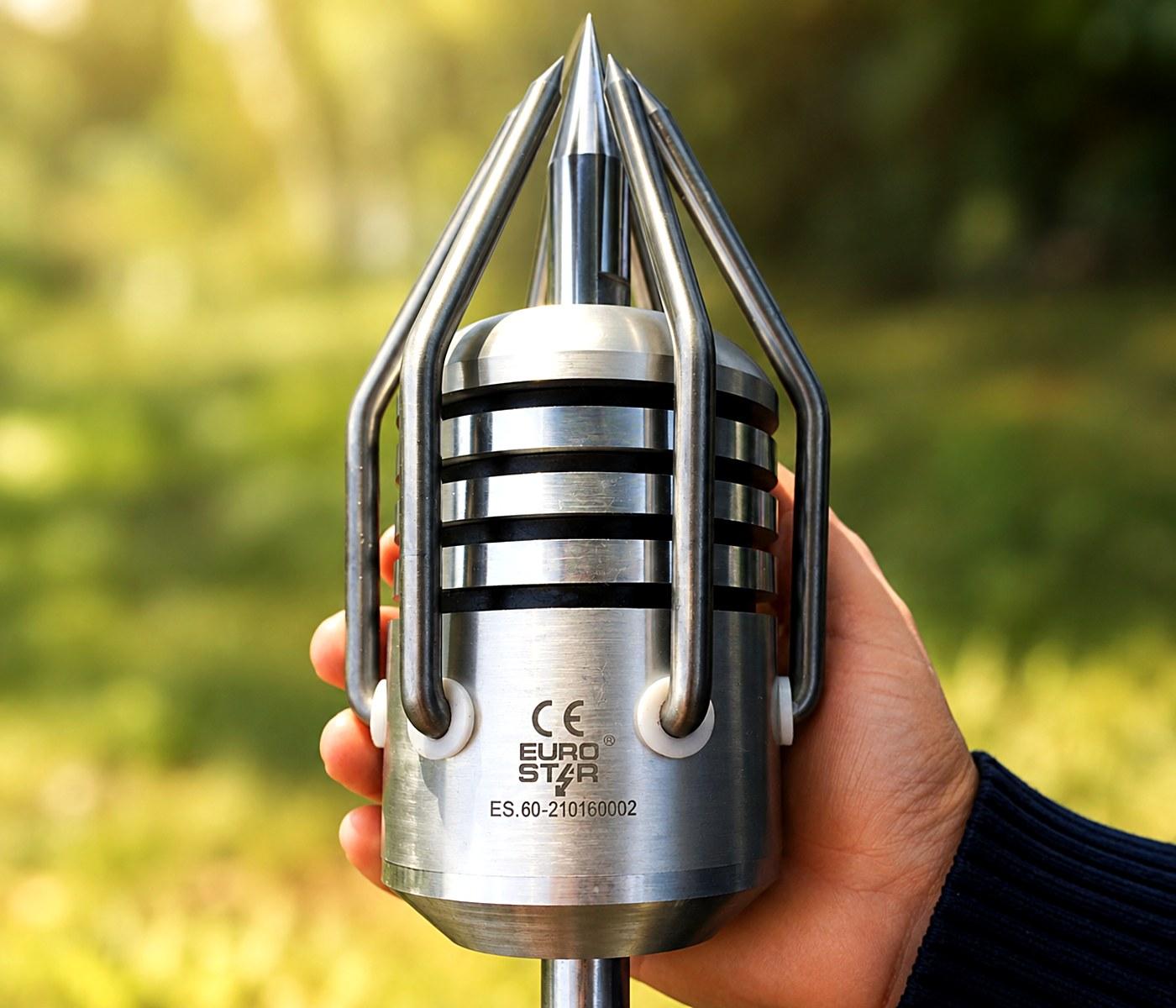 Eurostar ESE lightning rod head, CE marked, held in hand
